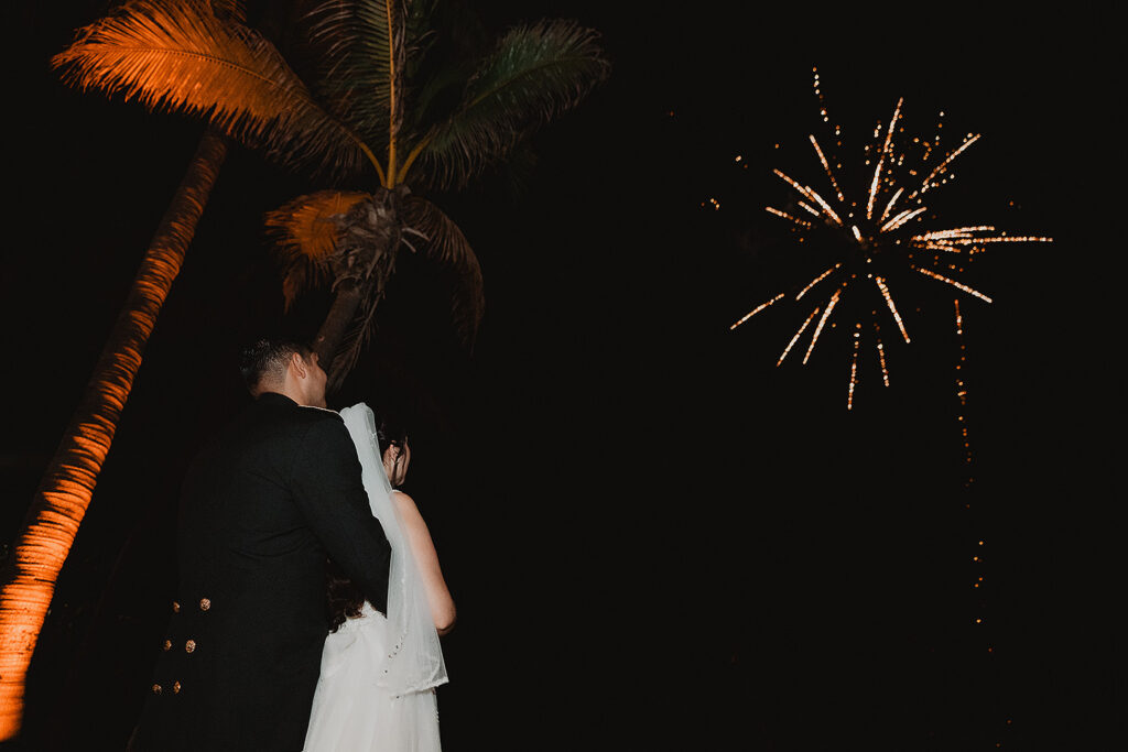 Los fuegos artificiales y una palmera en la boda de Eli y Mahatma en las playas de Mazatlán, México.